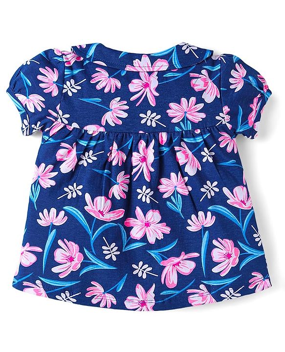Babyhug Cotton Knit Half Sleeves Floral Printed Shorts Night Suit - Navy Blue