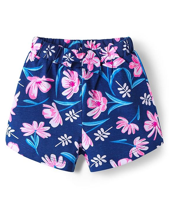 Babyhug Cotton Knit Half Sleeves Floral Printed Shorts Night Suit - Navy Blue