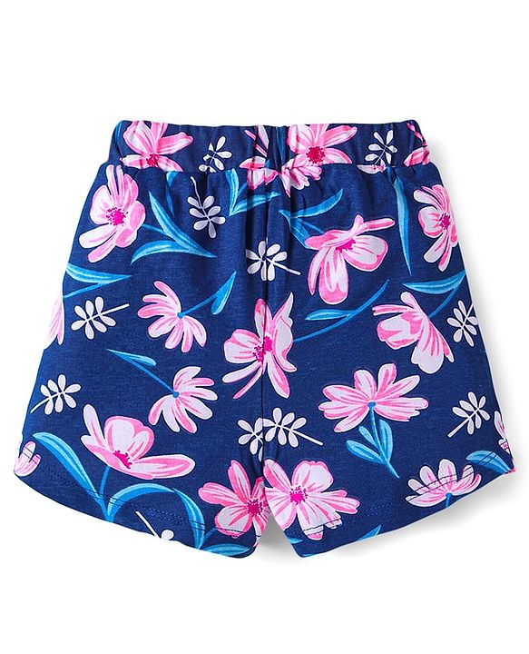 Babyhug Cotton Knit Half Sleeves Floral Printed Shorts Night Suit - Navy Blue