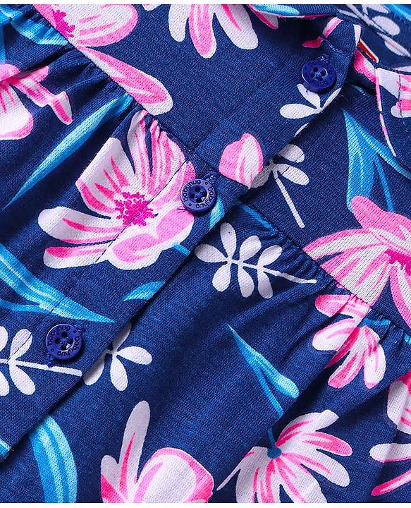 Babyhug Cotton Knit Half Sleeves Floral Printed Shorts Night Suit - Navy Blue