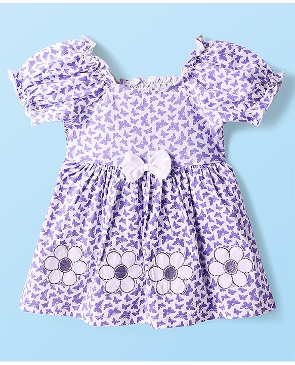 Babyhug Single Jersey Knit Half Puffed Sleeves Butterfly Printed Frock with Floral Patch & Bow Applique - White