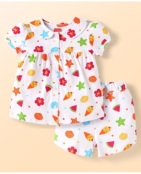 Babyhug Cotton Knit Half Sleeves Shorts Night Suit With Floral & Fruit Print - White