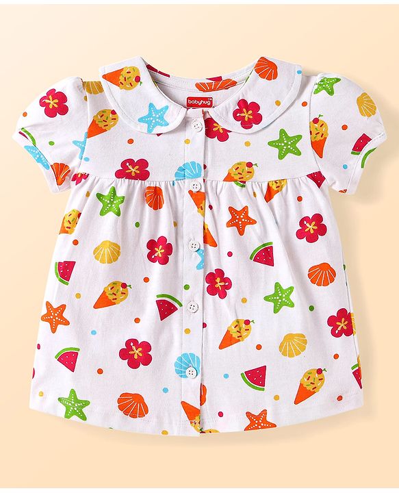 Babyhug Cotton Knit Half Sleeves Shorts Night Suit With Floral & Fruit Print - White