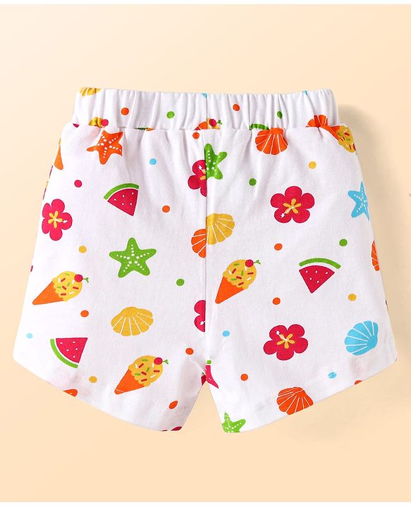 Babyhug Cotton Knit Half Sleeves Shorts Night Suit With Floral & Fruit Print - White