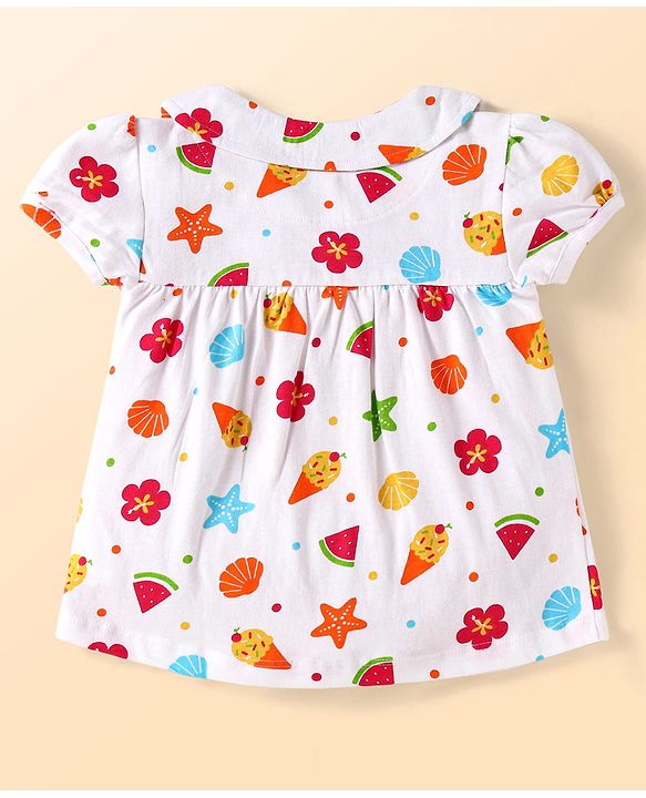 Babyhug Cotton Knit Half Sleeves Shorts Night Suit With Floral & Fruit Print - White