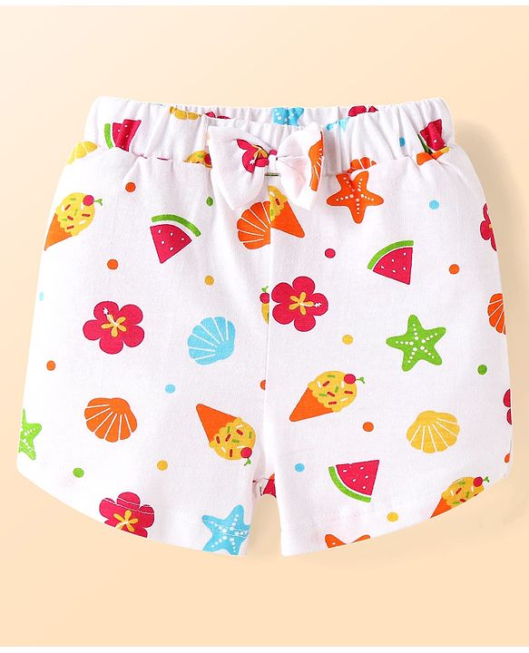Babyhug Cotton Knit Half Sleeves Shorts Night Suit With Floral & Fruit Print - White