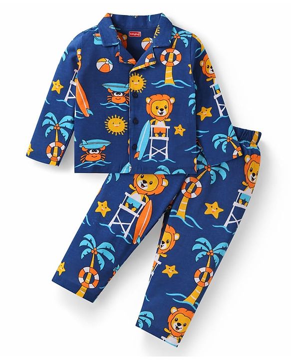 Babyhug Cotton Knit Full Sleeves Night Suit With Lion Print - Navy Blue
