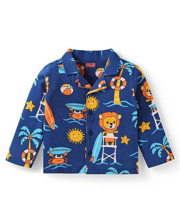 Babyhug Cotton Knit Full Sleeves Night Suit With Lion Print - Navy Blue