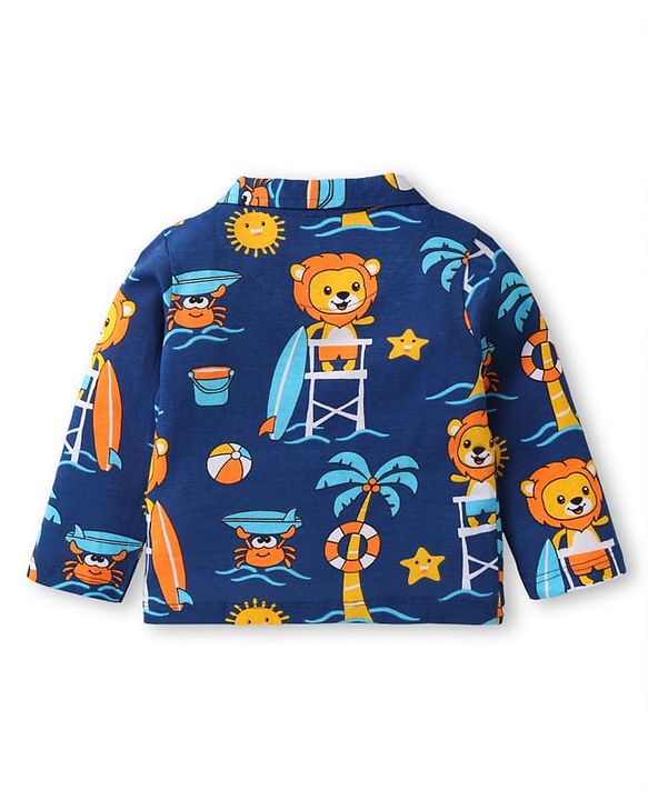 Babyhug Cotton Knit Full Sleeves Night Suit With Lion Print - Navy Blue