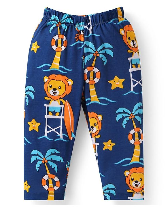 Babyhug Cotton Knit Full Sleeves Night Suit With Lion Print - Navy Blue