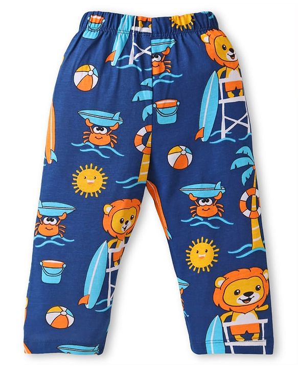 Babyhug Cotton Knit Full Sleeves Night Suit With Lion Print - Navy Blue