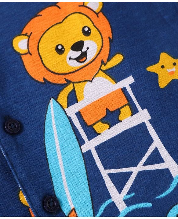 Babyhug Cotton Knit Full Sleeves Night Suit With Lion Print - Navy Blue