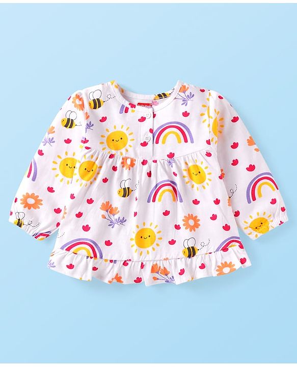 Babyhug 100% Cotton Knit Full Sleeves Night Suit With Floral & Honeybee Print - White