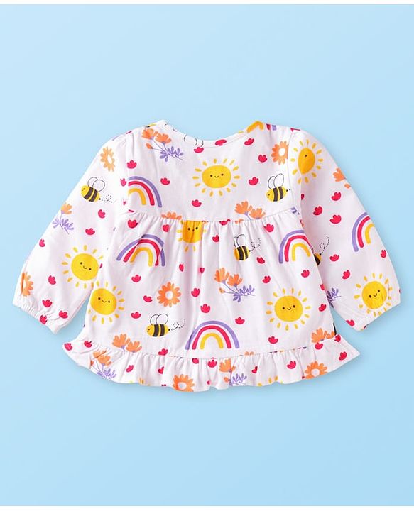 Babyhug 100% Cotton Knit Full Sleeves Night Suit With Floral & Honeybee Print - White