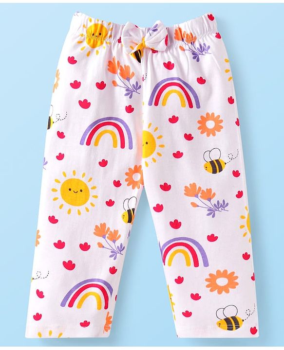 Babyhug 100% Cotton Knit Full Sleeves Night Suit With Floral & Honeybee Print - White