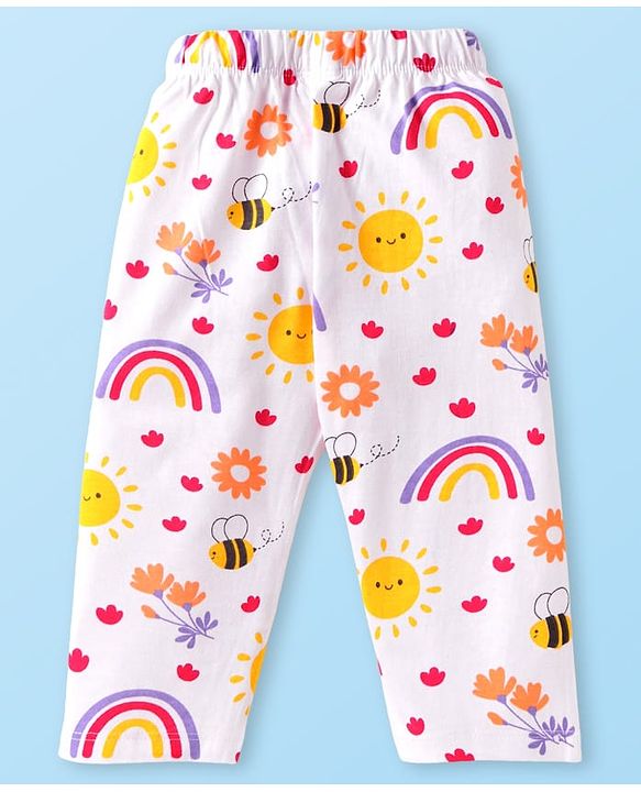 Babyhug 100% Cotton Knit Full Sleeves Night Suit With Floral & Honeybee Print - White
