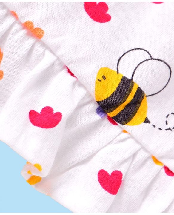 Babyhug 100% Cotton Knit Full Sleeves Night Suit With Floral & Honeybee Print - White