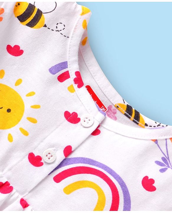 Babyhug 100% Cotton Knit Full Sleeves Night Suit With Floral & Honeybee Print - White