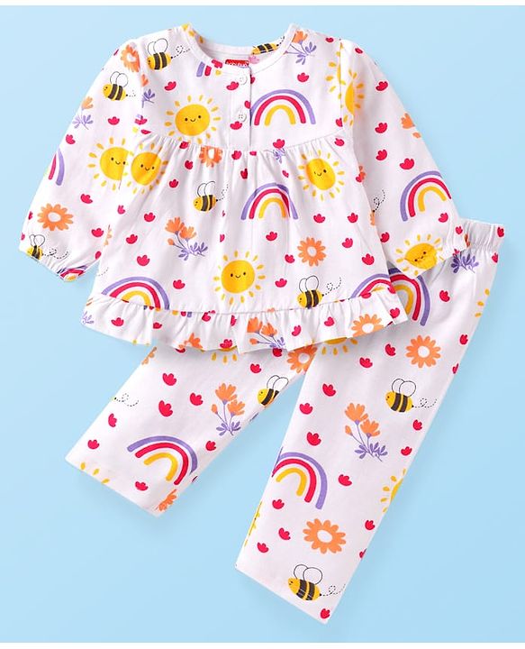 Babyhug Cotton Knit Full Sleeves Night Suit With Floral & Honeybee Print - White