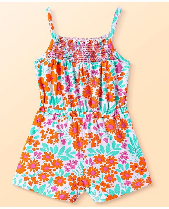 Babyhug Cotton Knit Singlet Sleeves Jumpsuit with Floral Print & Shimmer - White