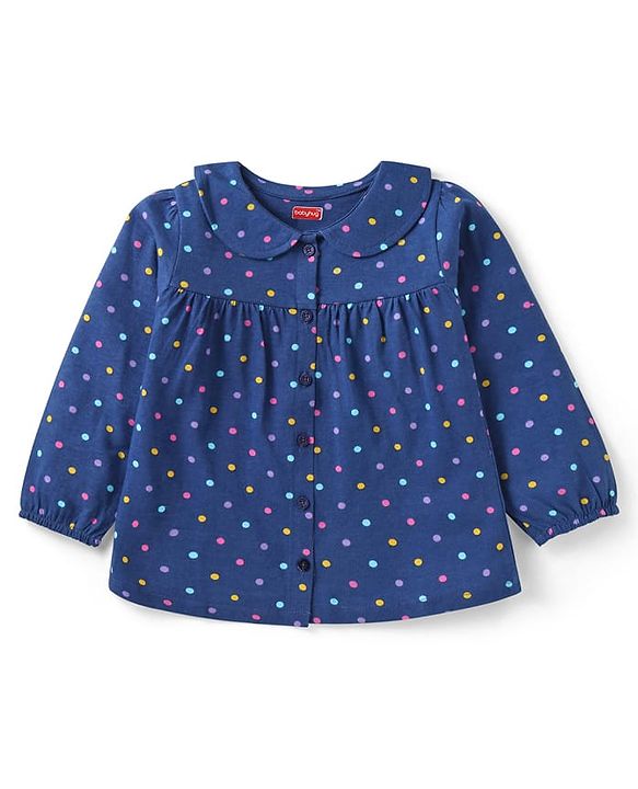 Babyhug Cotton Knit Front Open Full Sleeves Peter Pan Collar Night Suit with Polka Dot Print - Navy Blue