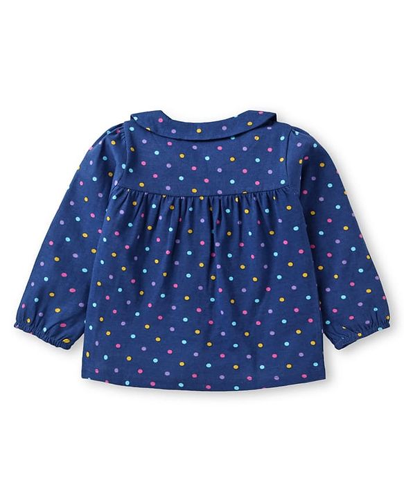 Babyhug Cotton Knit Front Open Full Sleeves Peter Pan Collar Night Suit with Polka Dot Print - Navy Blue