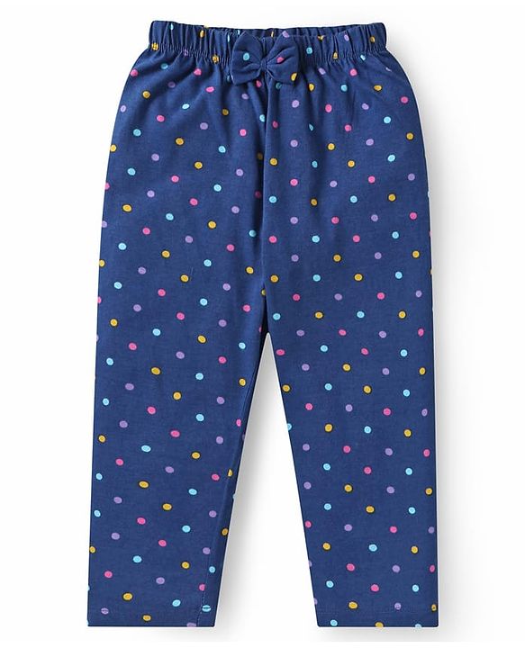 Babyhug Cotton Knit Front Open Full Sleeves Peter Pan Collar Night Suit with Polka Dot Print - Navy Blue