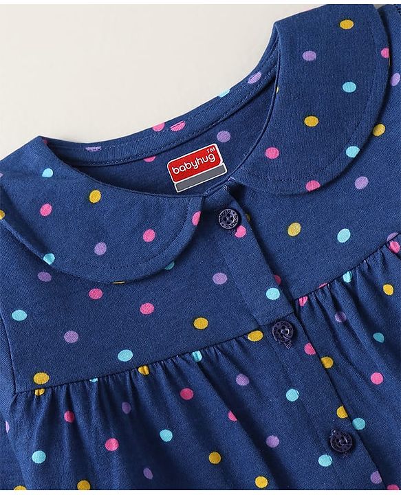Babyhug Cotton Knit Front Open Full Sleeves Peter Pan Collar Night Suit with Polka Dot Print - Navy Blue