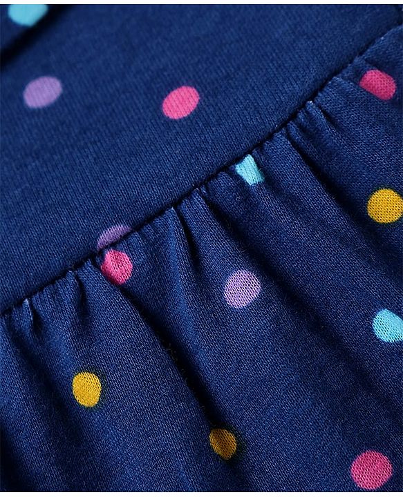 Babyhug Cotton Knit Front Open Full Sleeves Peter Pan Collar Night Suit with Polka Dot Print - Navy Blue