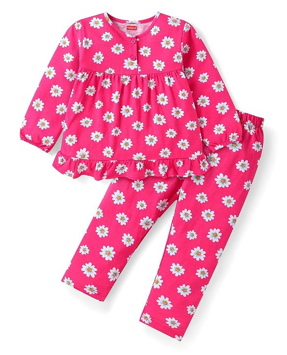 Babyhug Cotton Knit  Full Sleeves Floral Printed Night Suit - Dark Pink