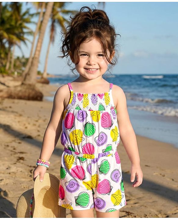 Babyhug Cotton Knit Singlet Sleeves Jumpsuit with Sea Life Print & Shimmer - White