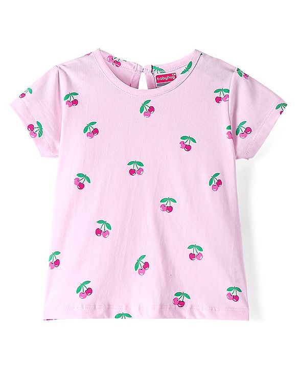 Babyhug Cotton Woven Frock & Half Sleeves Inner Tee With Fruit Print & Patch - Blue & Pink
