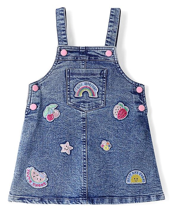 Babyhug Cotton Woven Frock & Half Sleeves Inner Tee With Fruit Print & Patch - Blue & Pink