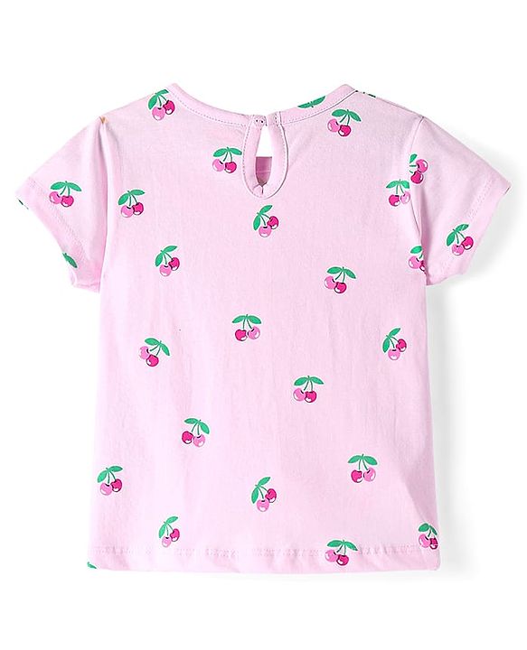 Babyhug Cotton Woven Frock & Half Sleeves Inner Tee With Fruit Print & Patch - Blue & Pink