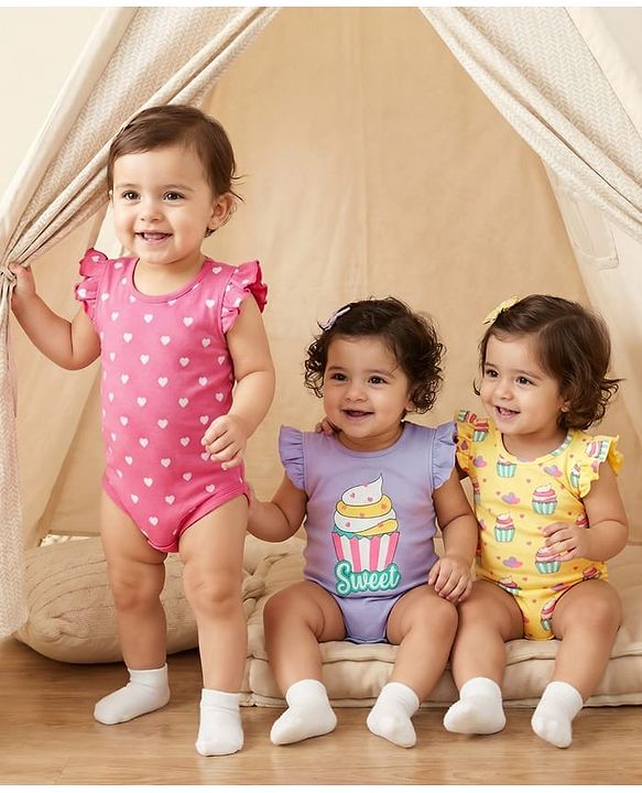 Babyhug 100% Cotton Knit Frill Sleeves Cupcake & Polka Dot Printed Onesies Pack of 3- Lilac Yellow & Dark Pink