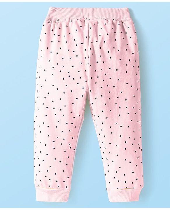 Babyhug Terry Knit  Full Length Lounge Pants With Polka Dots & Bunny Applique - Pink & White