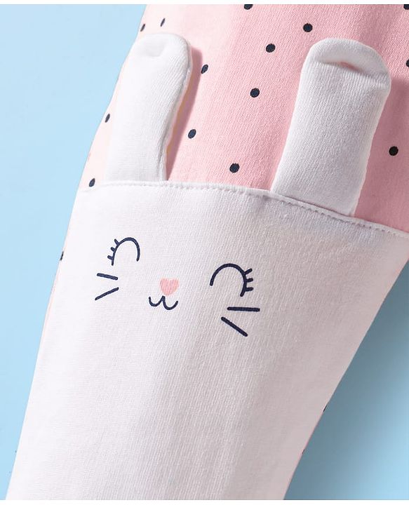 Babyhug Terry Knit  Full Length Lounge Pants With Polka Dots & Bunny Applique - Pink & White