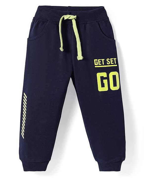 Babyhug Terry Knit Full Length Lounge Pants With Get Set Go Text Print - Navy Blue