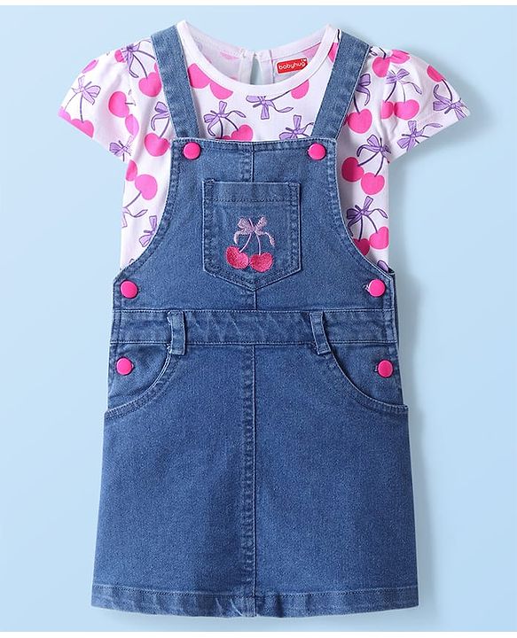 Babyhug Cotton Woven Cherry Printed & Embroidered Pinafore with Cap Sleeves Inner Tee - Blue