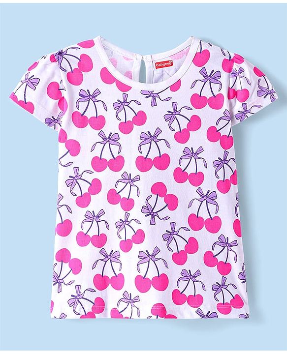 Babyhug Cotton Woven Cherry Printed & Embroidered Pinafore with Cap Sleeves Inner Tee - Blue