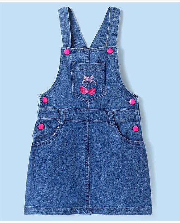 Babyhug Cotton Woven Cherry Printed & Embroidered Pinafore with Cap Sleeves Inner Tee - Blue