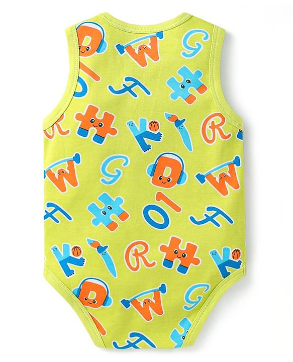 Babyhug 100% Cotton Knit Sleeveless Onesies with Alphabet Print & Stripes Pack of 3 - Light Green & Blue