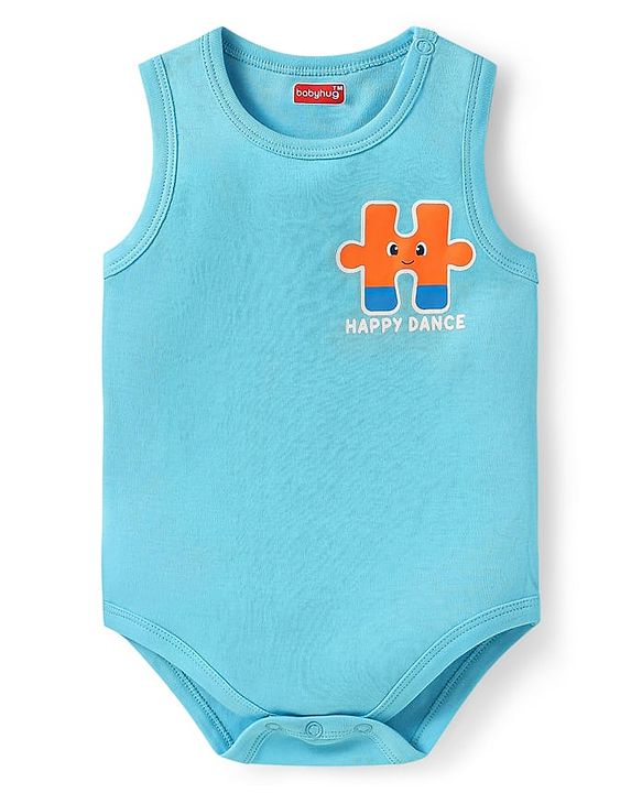Babyhug 100% Cotton Knit Sleeveless Onesies with Alphabet Print & Stripes Pack of 3 - Light Green & Blue
