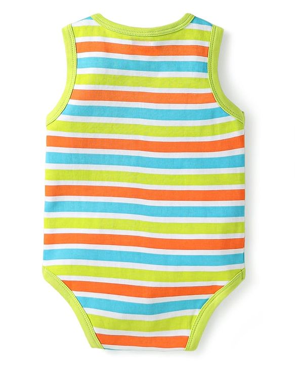 Babyhug 100% Cotton Knit Sleeveless Onesies with Alphabet Print & Stripes Pack of 3 - Light Green & Blue