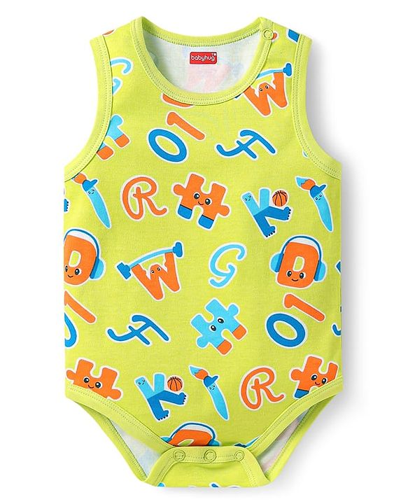 Babyhug 100% Cotton Knit Sleeveless Onesies with Alphabet Print & Stripes Pack of 3 - Light Green & Blue