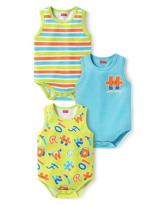 Babyhug 100% Cotton Knit Sleeveless Onesies with Alphabet Print & Stripes Pack of 3 - Light Green & Blue