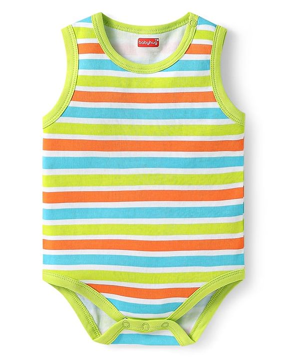 Babyhug 100% Cotton Knit Sleeveless Onesies with Alphabet Print & Stripes Pack of 3 - Light Green & Blue