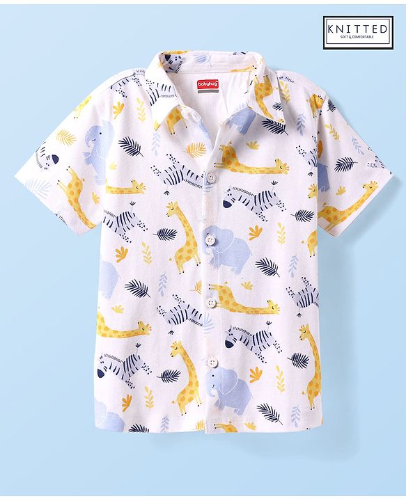 Babyhug Cotton Knit Half Sleeves Shirt With Animal Print - White