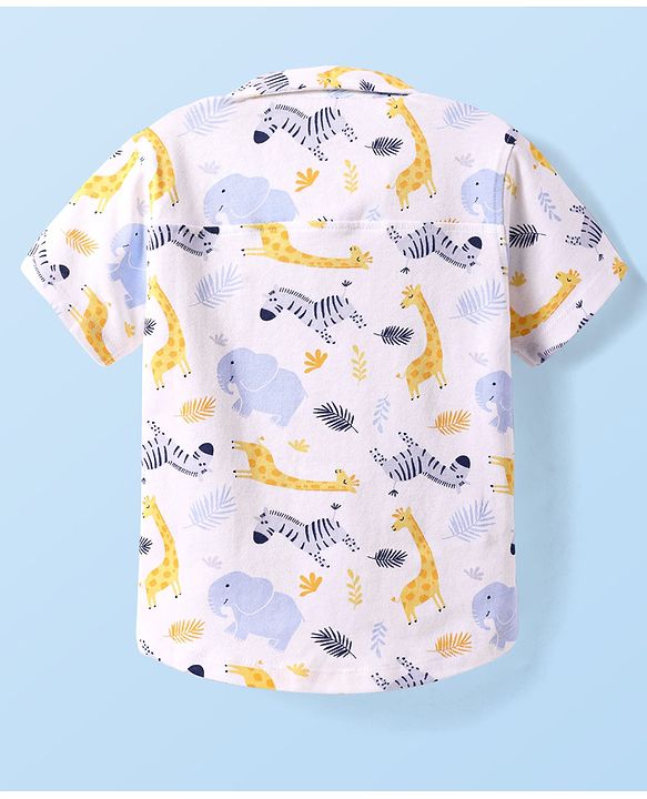 Babyhug Cotton Knit Half Sleeves Shirt With Animal Print - White