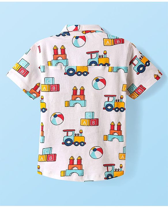 Babyhug Cotton Knit Half Sleeves Shirt With Toys Print - White